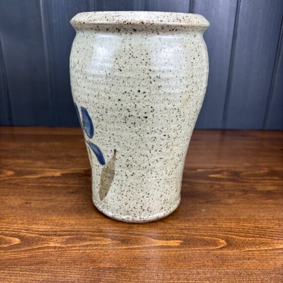 Studio Pottery Vase with Hand-Painted Blue Irises Stoneware Utensil Holder - Picture 9 of 16